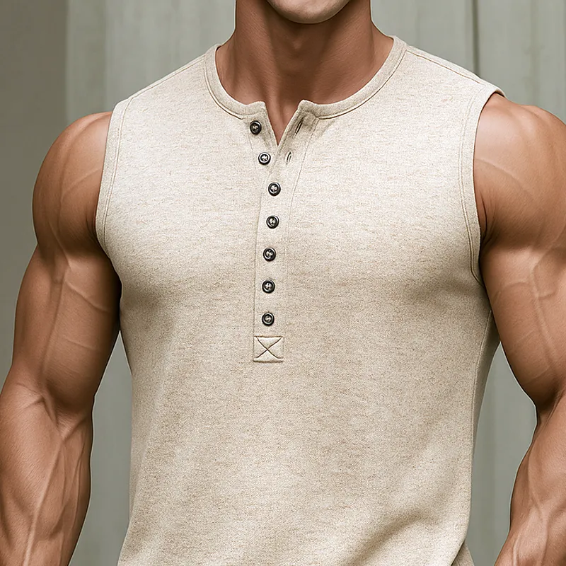 Men's Cozy Breathable Cotton Henley Collar Sleeveless Tank Top MTA1857F6Z sold by Manly product image thumbnail 3