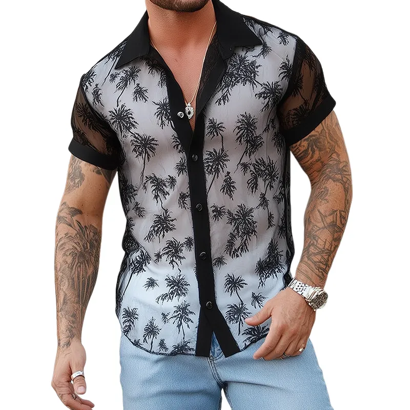 Men's Coconut Tree Print Chiffon White Lining Lapel Short Sleeve Shirt MTA1870F8Z sold by Manly