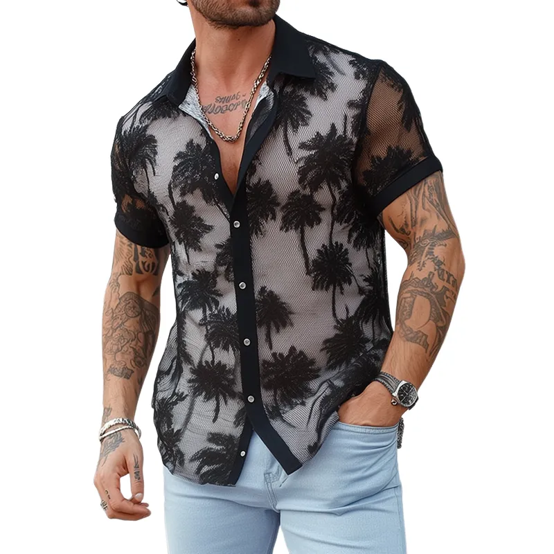 Men's Coconut Tree Print Chiffon White Lining Lapel Short Sleeve Shirt MTA1873F6Z sold by Manly