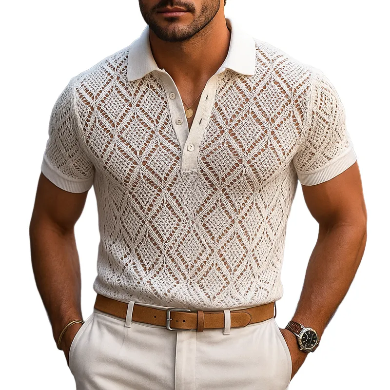 Men's Solid Plaid Knit Lapel Short Sleeve Polo Shirt MTA1895F1Z sold by Manly