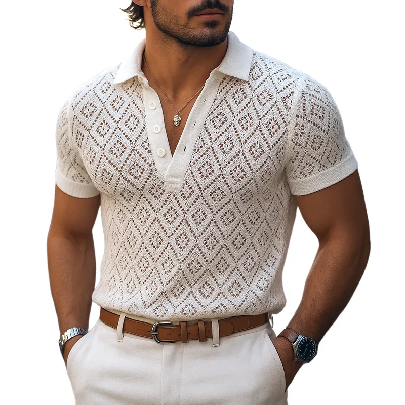 Men's Solid Plaid Knit Lapel Short Sleeve Polo Shirt MTA1801F5Z sold by Manly