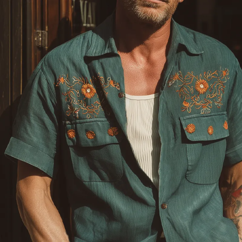 Men's Summer Vintage Embroidered Short Sleeve Shirt MTA1762F5U sold by Manly product image thumbnail 3