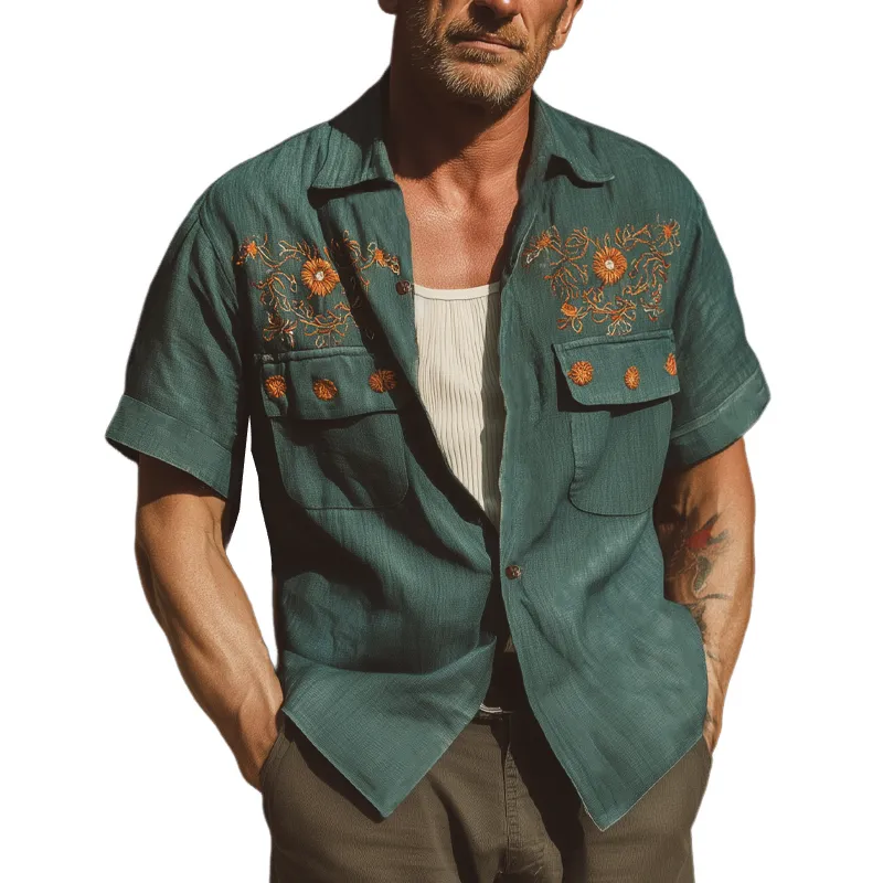 Men's Summer Vintage Embroidered Short Sleeve Shirt MTA1762F5U sold by Manly