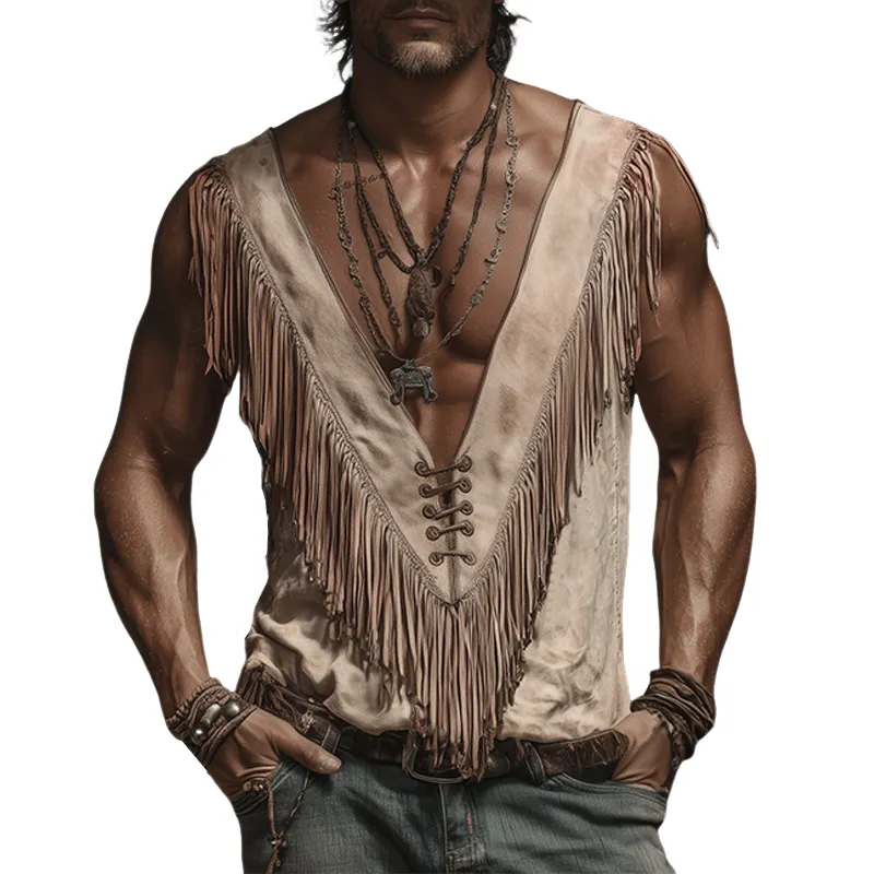Men's Spring And Summer New American Retro Western Denim Thin Suede Tassel Deep V-neck Tank Top MTA1890F3K sold by Manly