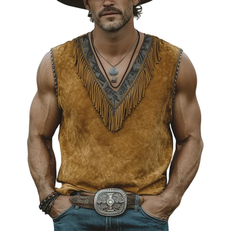 Men's Spring And Summer New American Retro Western Cowboy Thin Suede Fringe And Deep V Neckline Printed Short-sleeved T-shirt MTA1804F7K sold by Manly