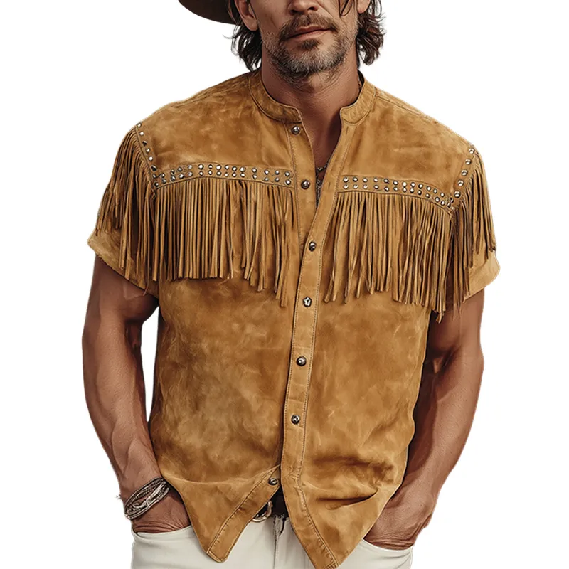 Men's Spring And Summer New American Retro Western Cowboy Thin Suede Tassel And Metal Rivet Stand Collar Short-sleeved Shirt MTA1807F4K sold by Manly