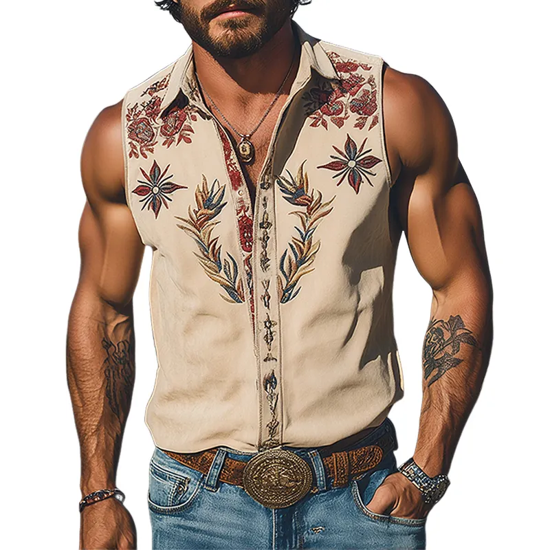 Men's Spring And Summer New American Retro Western Cowboy Thin Suede Embroidered Slim Short-sleeved Shirt MTA1809F3K sold by Manly