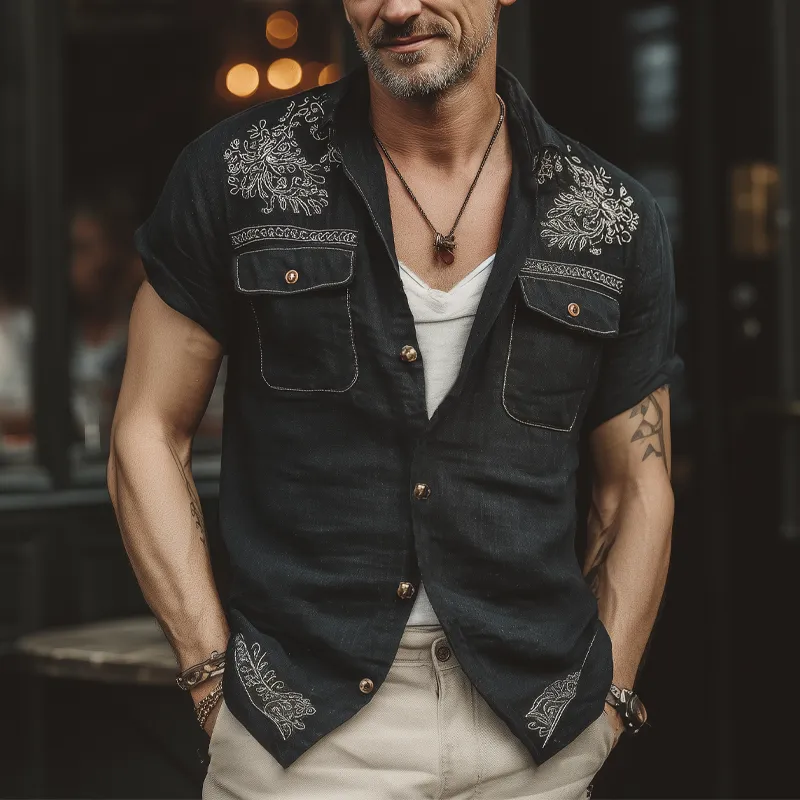 Men's Summer Retro Silver Embroidery Cotton And Linen Short Sleeve Shirt MTA1861F8U sold by Manly product image thumbnail 2