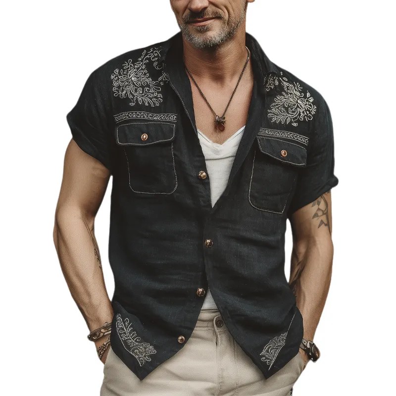 Men's Summer Retro Silver Embroidery Cotton And Linen Short Sleeve Shirt MTA1861F8U sold by Manly