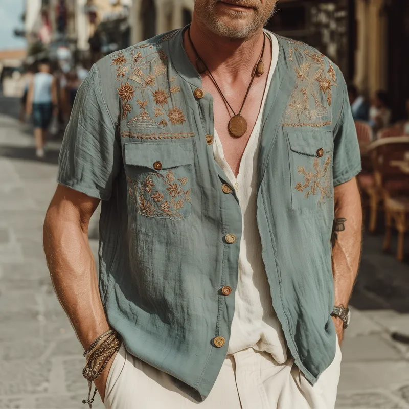 Men's Summer Retro Embroidered Cotton And Linen Short Sleeve Shirt MTA1871F7U sold by Manly product image thumbnail 2