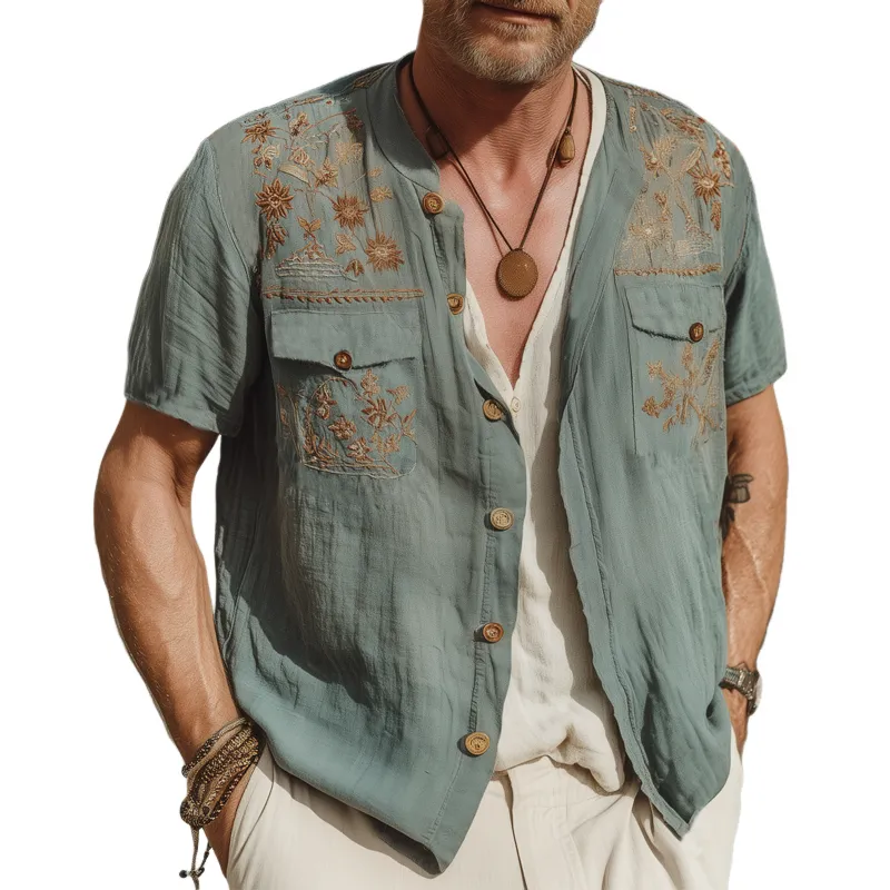 Men's Summer Retro Embroidered Cotton And Linen Short Sleeve Shirt MTA1871F7U sold by Manly