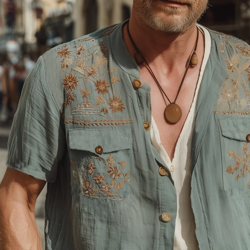 Men's Summer Retro Embroidered Cotton And Linen Short Sleeve Shirt MTA1871F7U sold by Manly product image thumbnail 3