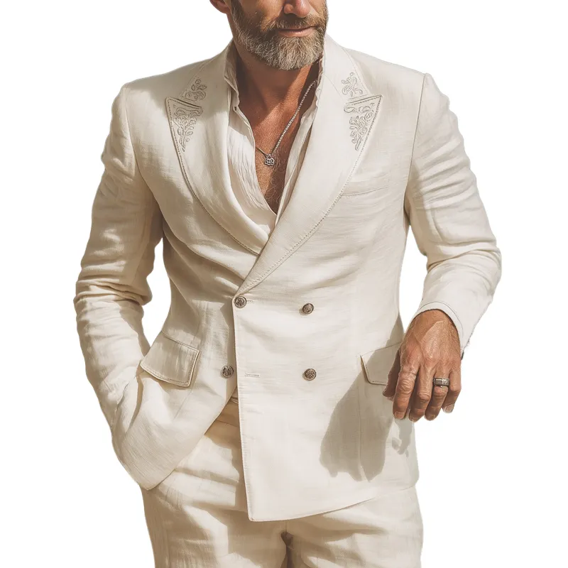 Men's Embroidered Double Breasted Cotton And Linen Blazer MTA1820F2U sold by Manly