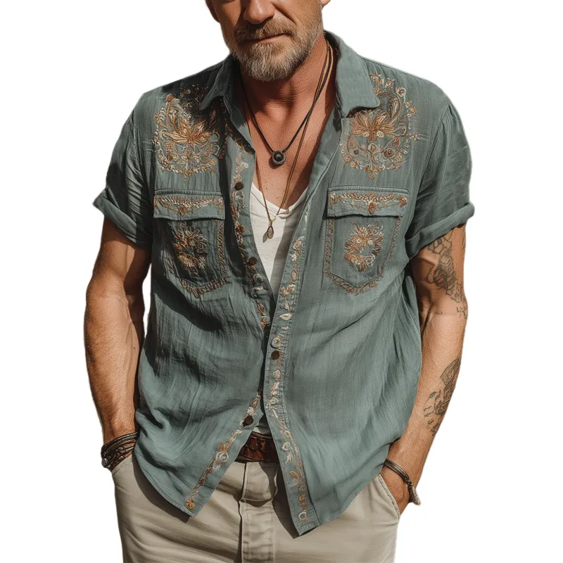 Men's Summer Retro Embroidered Cotton And Linen Short Sleeve Shirt MTA1888F1U sold by Manly