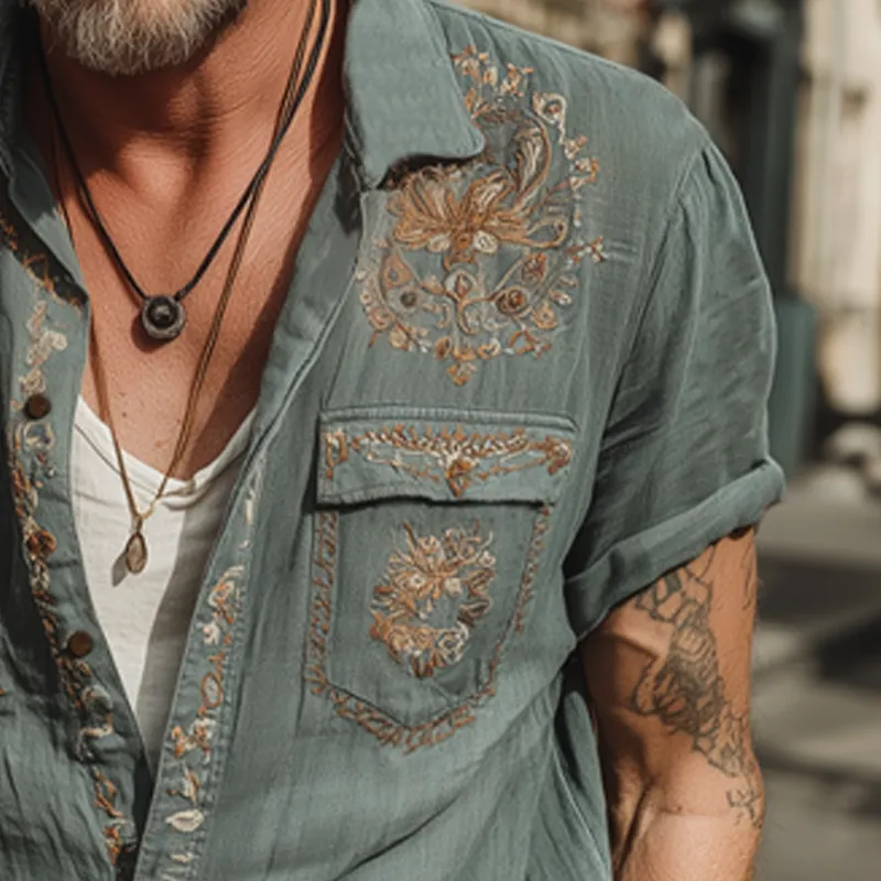 Men's Summer Retro Embroidered Cotton And Linen Short Sleeve Shirt MTA1888F1U sold by Manly product image thumbnail 4