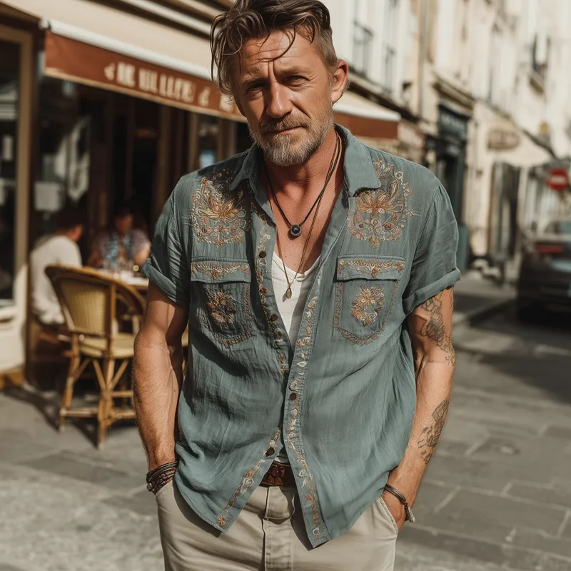 Men's Summer Retro Embroidered Cotton And Linen Short Sleeve Shirt MTA1888F1U sold by Manly product image thumbnail 3