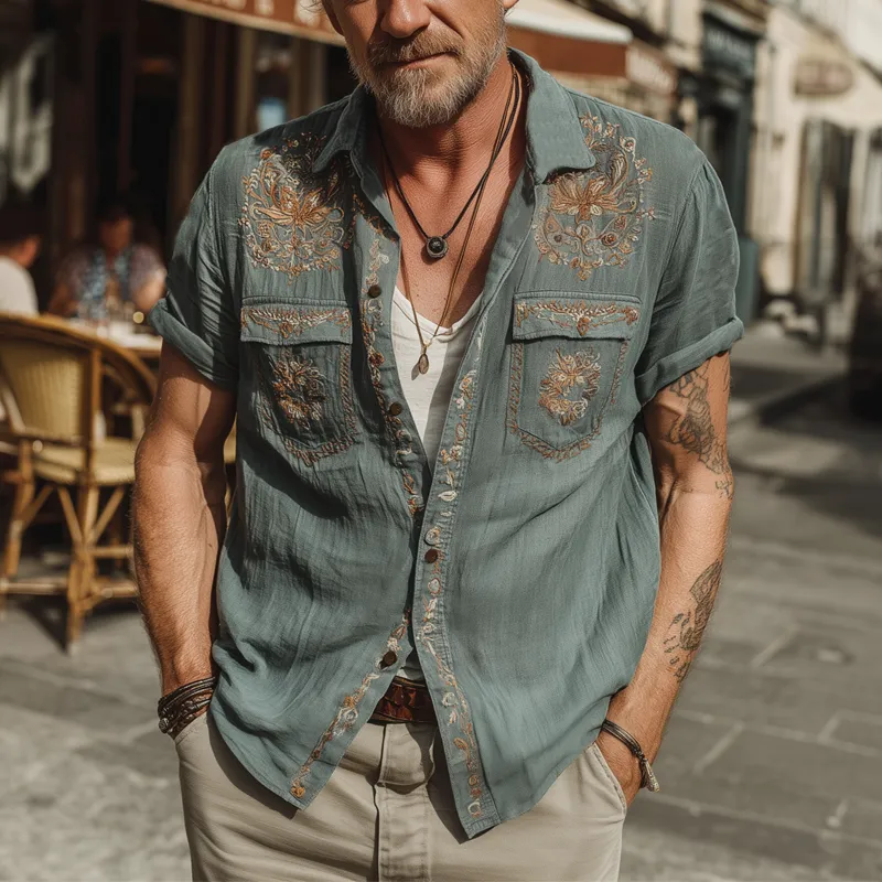 Men's Summer Retro Embroidered Cotton And Linen Short Sleeve Shirt MTA1888F1U sold by Manly product image thumbnail 2