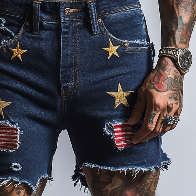 Men's American Flag Stars Embroidered Denim Shorts MTA1759F8X sold by Manly product image thumbnail 4