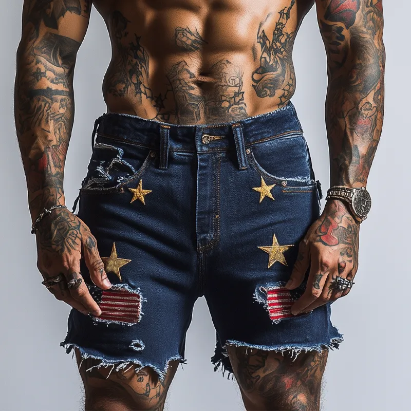 Men's American Flag Stars Embroidered Denim Shorts MTA1759F8X sold by Manly product image thumbnail 2