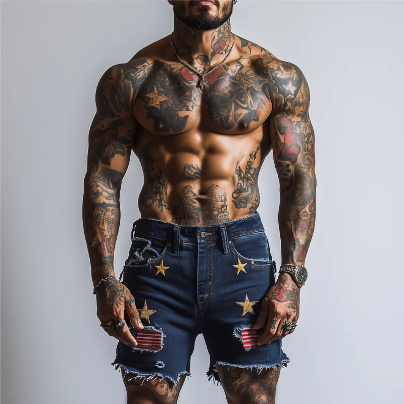 Men's American Flag Stars Embroidered Denim Shorts MTA1759F8X sold by Manly product image thumbnail 3