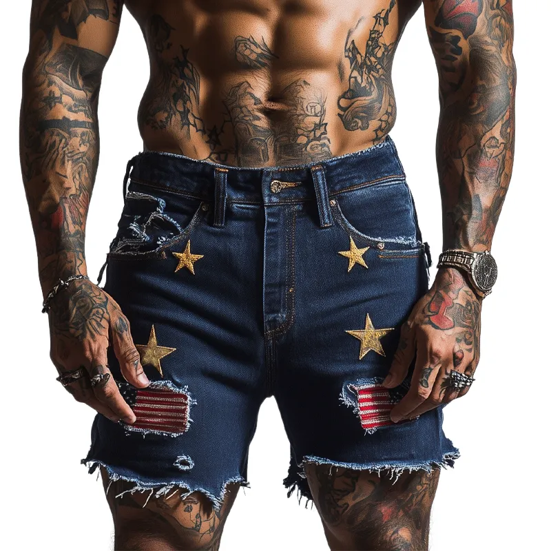 Men's American Flag Stars Embroidered Denim Shorts MTA1759F8X made by Manly