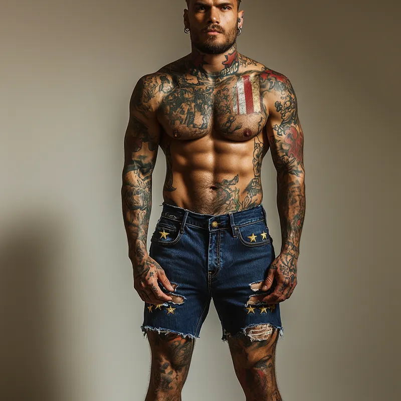 Men's Star Embroidered Ripped Denim Shorts MTA1732F0X sold by Manly product image thumbnail 4