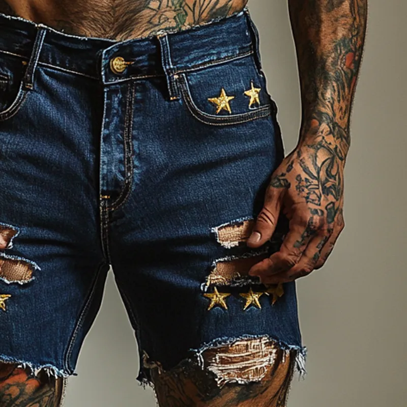 Men's Star Embroidered Ripped Denim Shorts MTA1732F0X sold by Manly product image thumbnail 2