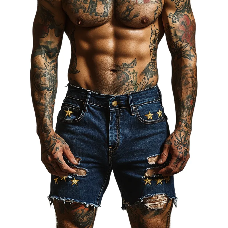 Men's Star Embroidered Ripped Denim Shorts MTA1732F0X sold by Manly