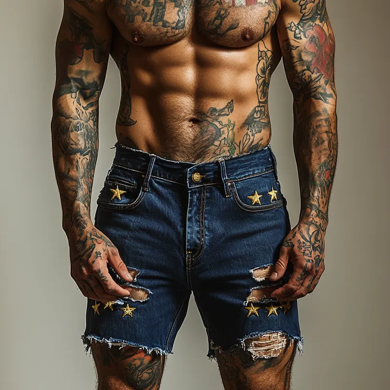 Men's Star Embroidered Ripped Denim Shorts MTA1732F0X sold by Manly product image thumbnail 3