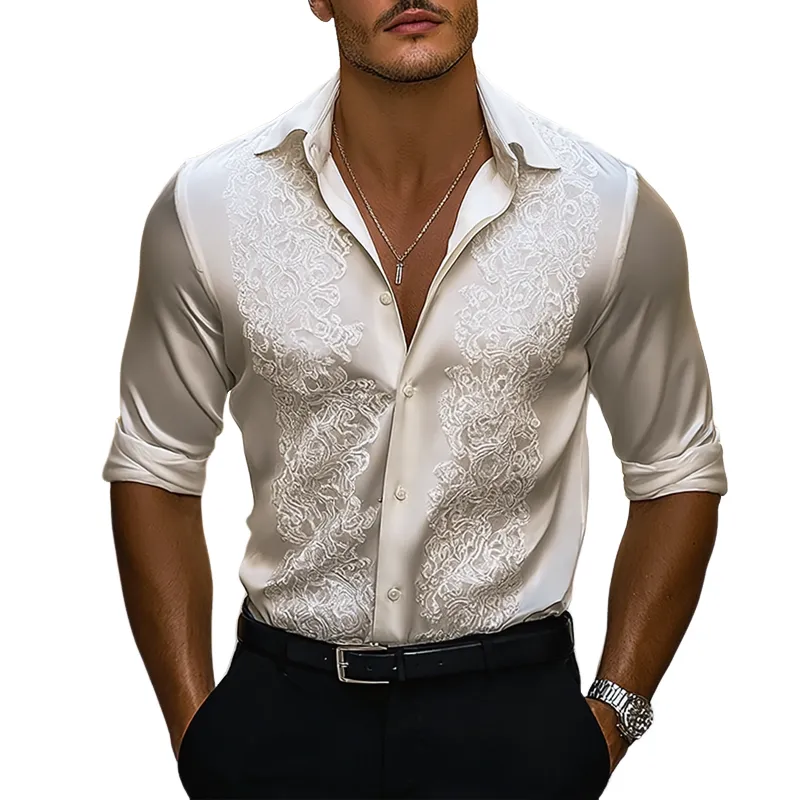 Men's Lace Stitching Solid Satin Lapel Long Sleeve Casual Shirt MTA1729F7Z sold by Manly