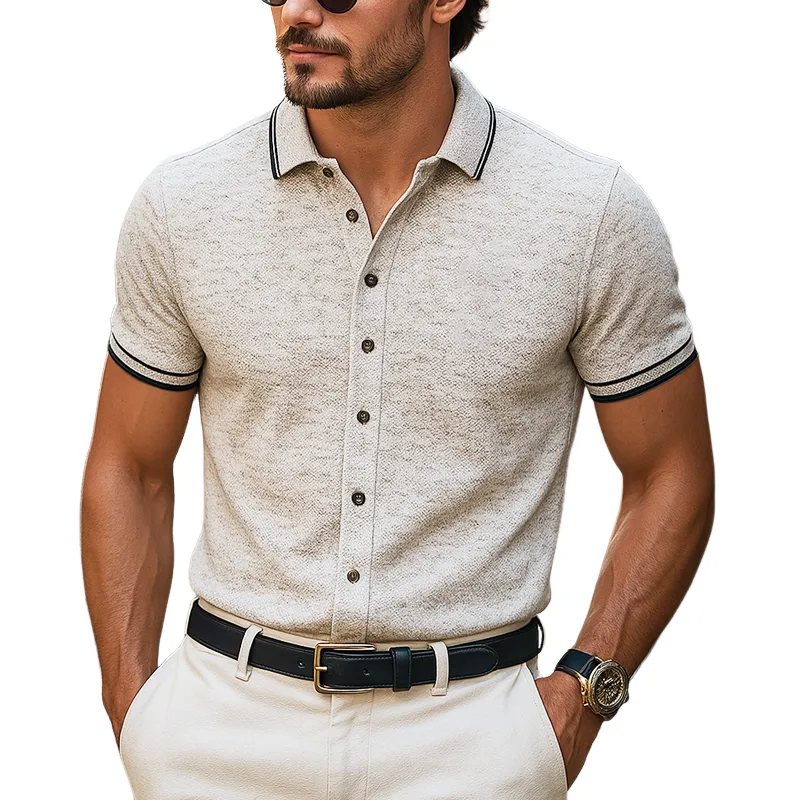 Men's Fashion Heathered Fabric Striped Trim Lapel Short Sleeve Shirt MTA1788F0Z sold by Manly
