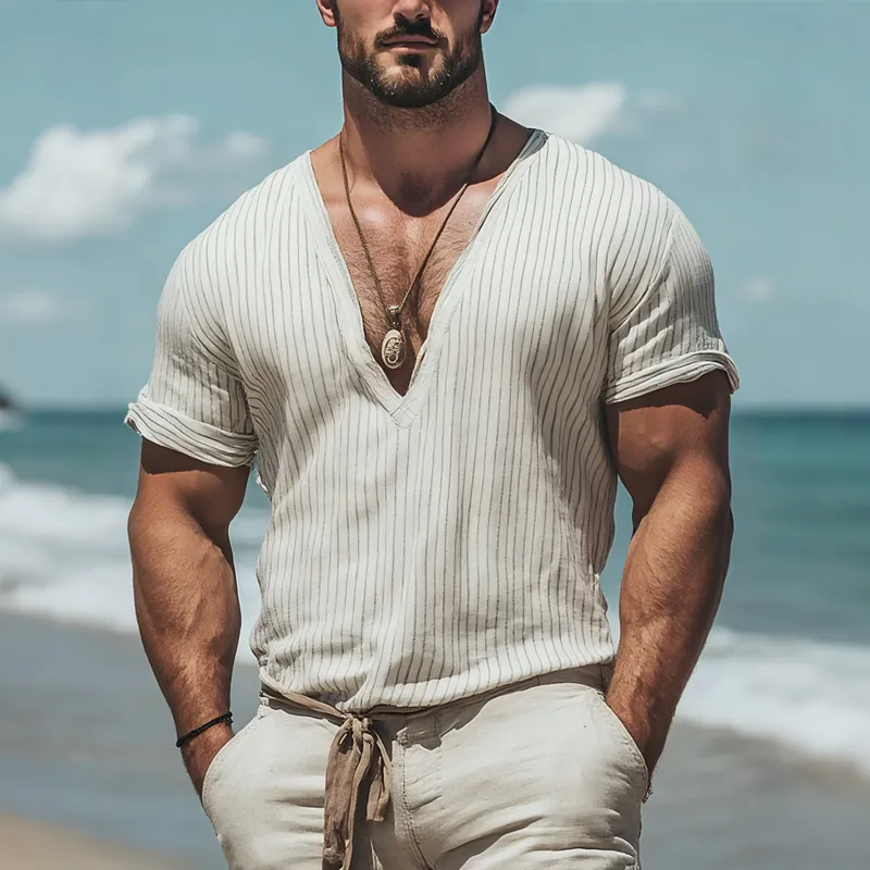 Men's Fashion Striped V Neck Short Sleeve T-shirt MTA1760F8Z sold by Manly product image thumbnail 2