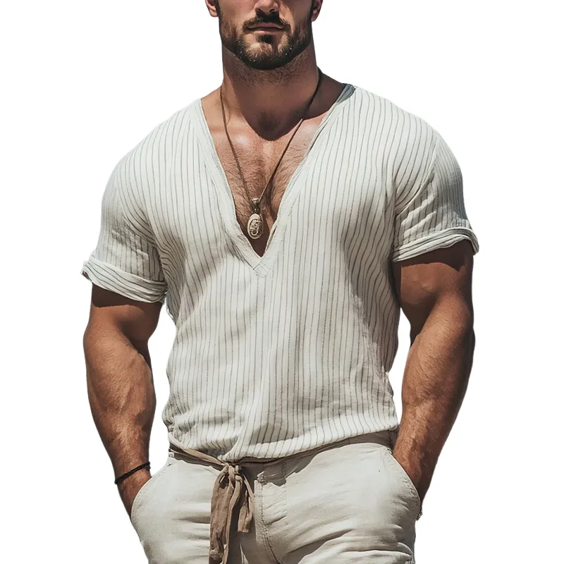 Men's Fashion Striped V Neck Short Sleeve T-shirt MTA1760F8Z sold by Manly