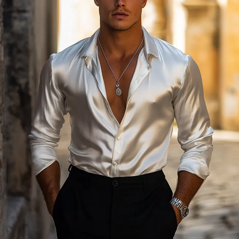 Men's Fashion Solid Satin Lapel Long Sleeve Shirt MTA1672F6Z sold by Manly product image thumbnail 2