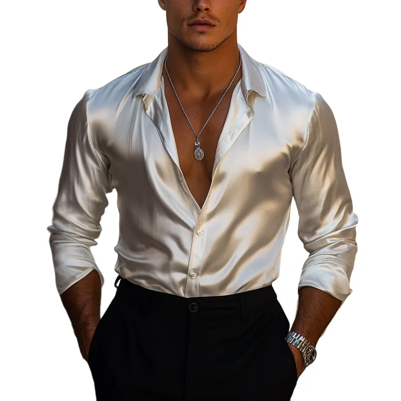 Men's Fashion Solid Satin Lapel Long Sleeve Shirt MTA1672F6Z sold by Manly