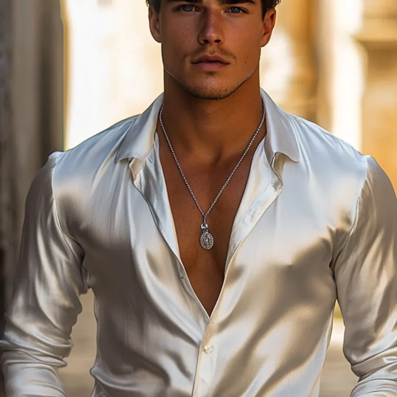 Men's Fashion Solid Satin Lapel Long Sleeve Shirt MTA1672F6Z sold by Manly product image thumbnail 3