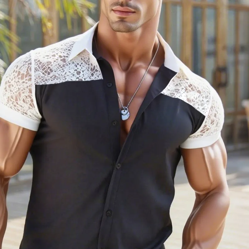 Men's Fashion Colorblock Lace Lapel Short Sleeve Shirt MTA1650F3Z sold by Manly product image thumbnail 3