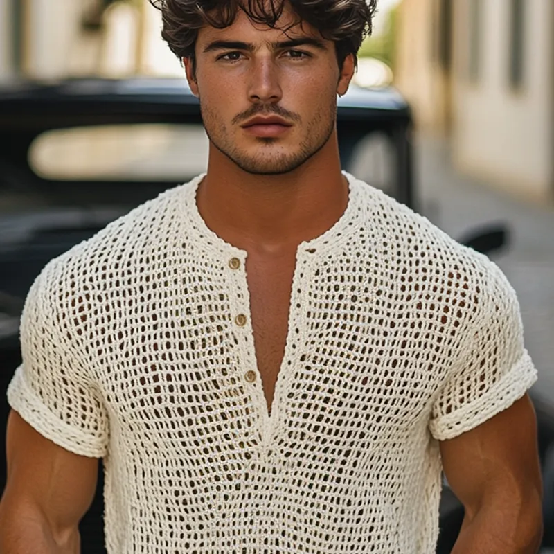 Men's Solid Knit Hollow Henley Collar Short Sleeve T-shirt MTA1643F1Z sold by Manly product image thumbnail 3