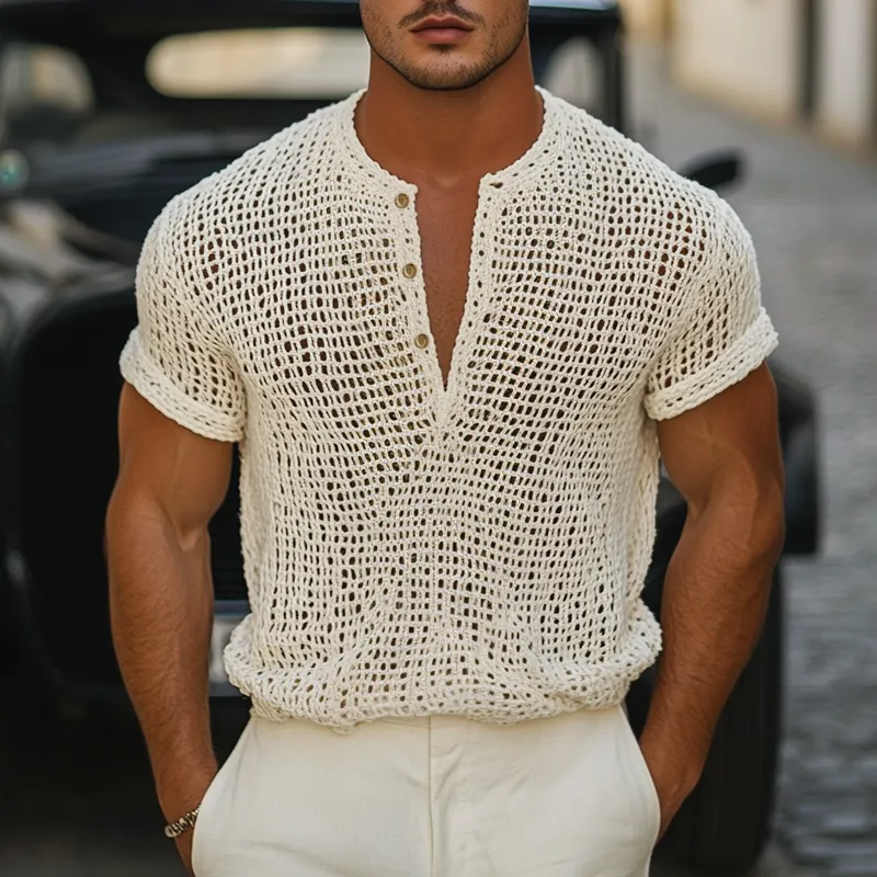 Men's Solid Knit Hollow Henley Collar Short Sleeve T-shirt MTA1643F1Z sold by Manly product image thumbnail 2