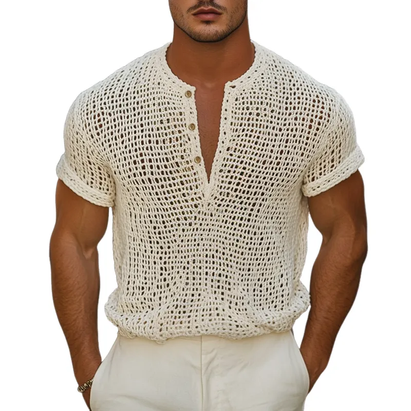 Men's Solid Knit Hollow Henley Collar Short Sleeve T-shirt MTA1643F1Z sold by Manly