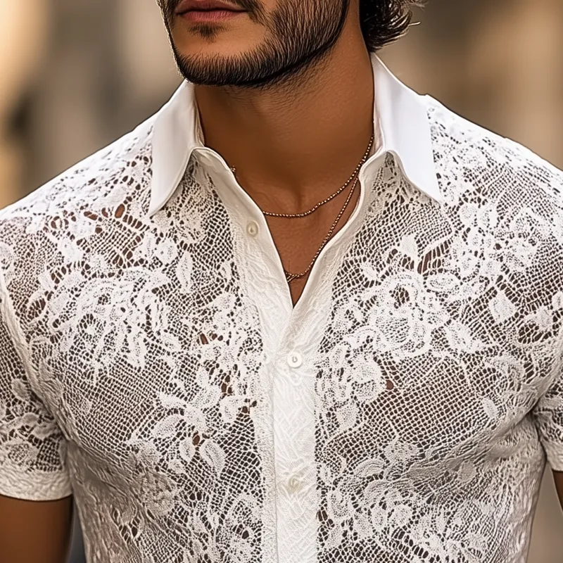 Men'S Solid Lace Lapel Short Sleeve Casual Shirt MTA1744F0Z sold by Manly product image thumbnail 3