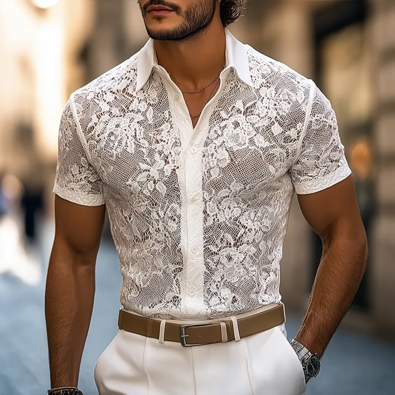 Men'S Solid Lace Lapel Short Sleeve Casual Shirt MTA1744F0Z sold by Manly product image thumbnail 2