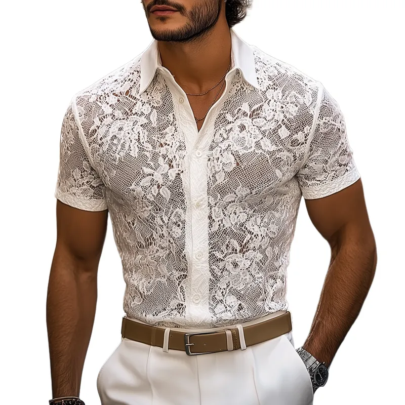 Men'S Solid Lace Lapel Short Sleeve Casual Shirt MTA1744F0Z sold by Manly