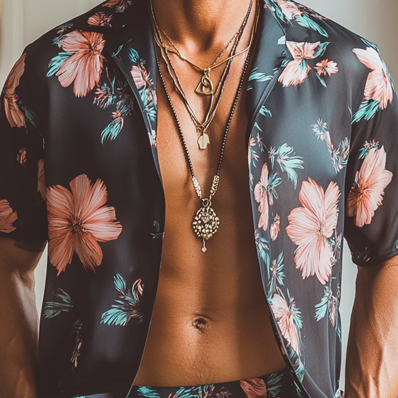 Men's Summer Fashion Floral Print Imitation Silk Short Sleeve Shirt Shorts Set MTA1741F2P sold by Manly product image thumbnail 3