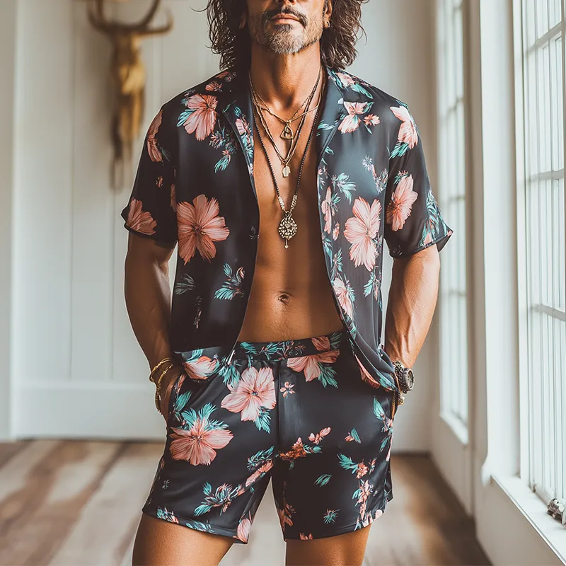 Men's Summer Fashion Floral Print Imitation Silk Short Sleeve Shirt Shorts Set MTA1741F2P sold by Manly product image thumbnail 2