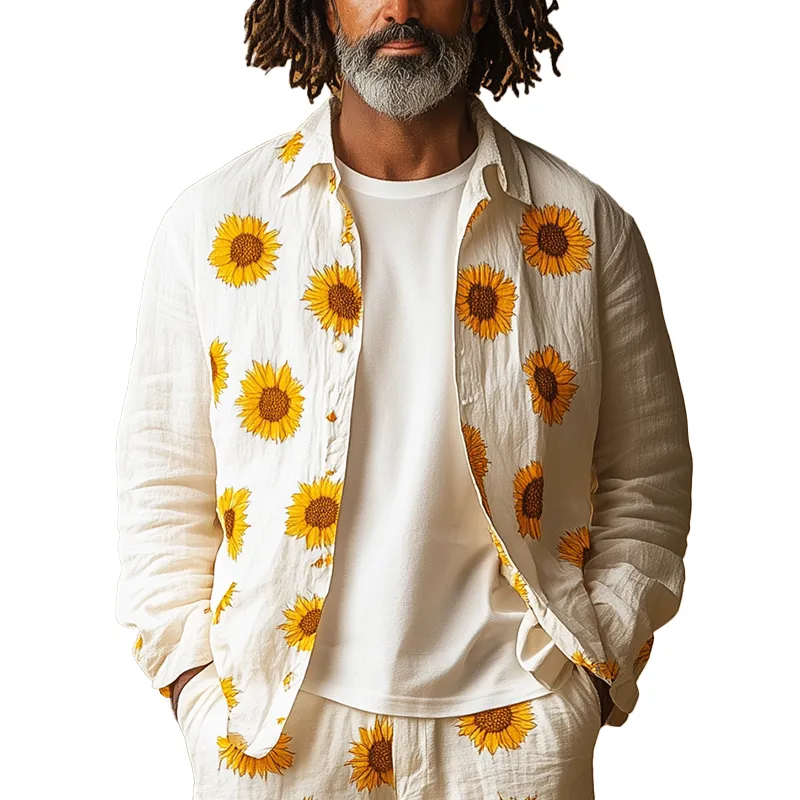 Men's Summer Fashion Sunflower Print Cotton And Linen Long Sleeve Shirt MTA1735F8P sold by Manly