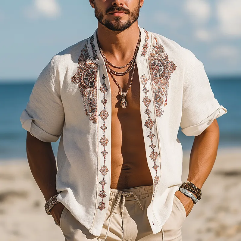 Men's Summer Fashion Exquisite Embroidered Linen Short Sleeve Shirt MTA1760F7P sold by Manly product image thumbnail 2