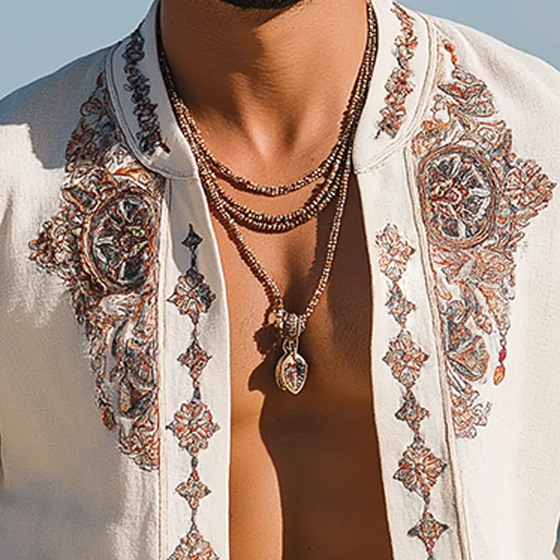 Men's Summer Fashion Exquisite Embroidered Linen Short Sleeve Shirt MTA1760F7P sold by Manly product image thumbnail 3