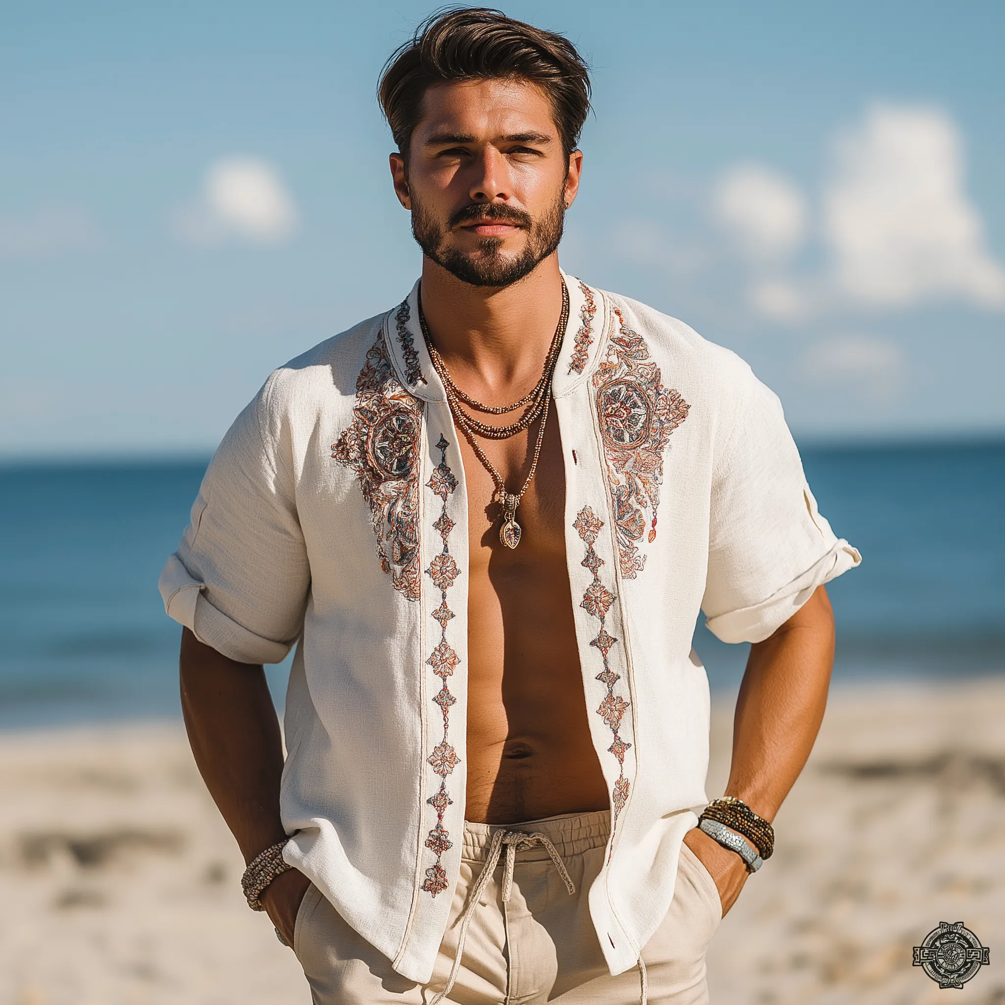 Men's Summer Fashion Exquisite Embroidered Linen Short Sleeve Shirt MTA1760F7P sold by Manly product image thumbnail 4