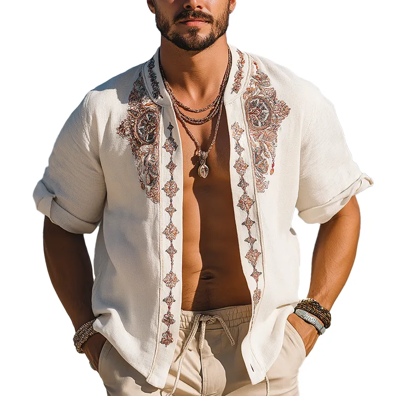 Men's Summer Fashion Exquisite Embroidered Linen Short Sleeve Shirt MTA1760F7P sold by Manly